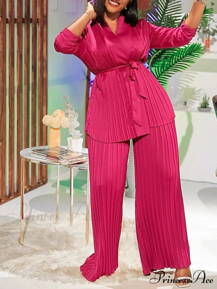 Fit Fuchsia - Pants Sets Casual Spring V White Color Daily & - Fashion Solid - Long Blouse - Red Neck - Regular Women’s