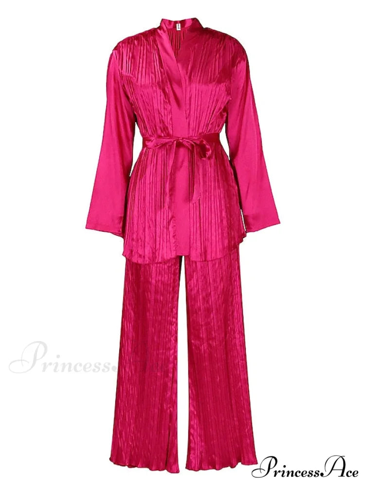 Fit Fuchsia - Pants Sets Casual Spring V White Color Daily & - Fashion Solid - Long Blouse - Red Neck - Regular Women’s