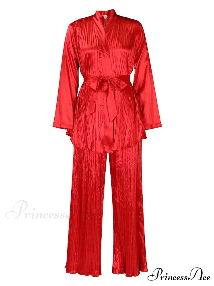 Fit Fuchsia - Pants Sets Casual Spring V White Color Daily & - Fashion Solid - Long Blouse - Red Neck - Regular Women’s