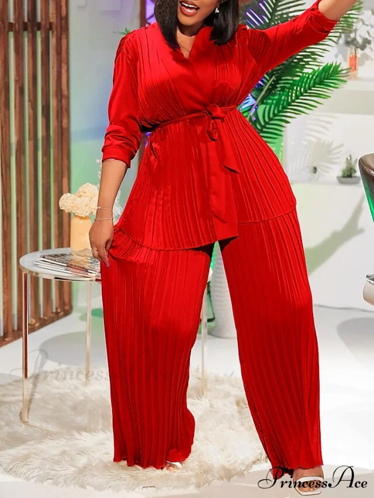 Fit Fuchsia - Pants Sets Casual Spring V White Color Daily & - Fashion Solid - Long Blouse - Red Neck - Regular Women’s