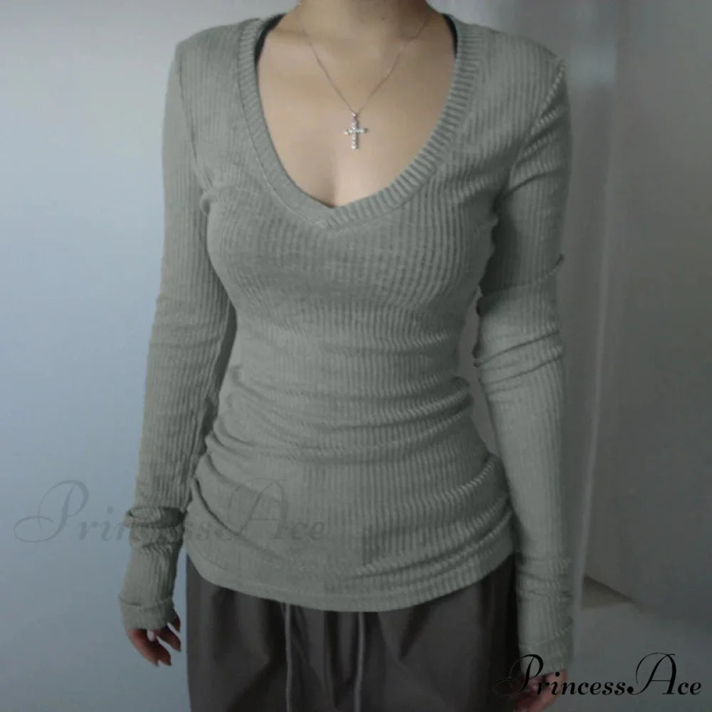 Fitted Cropped Sheer V-neck Blouse Women knittop-250126