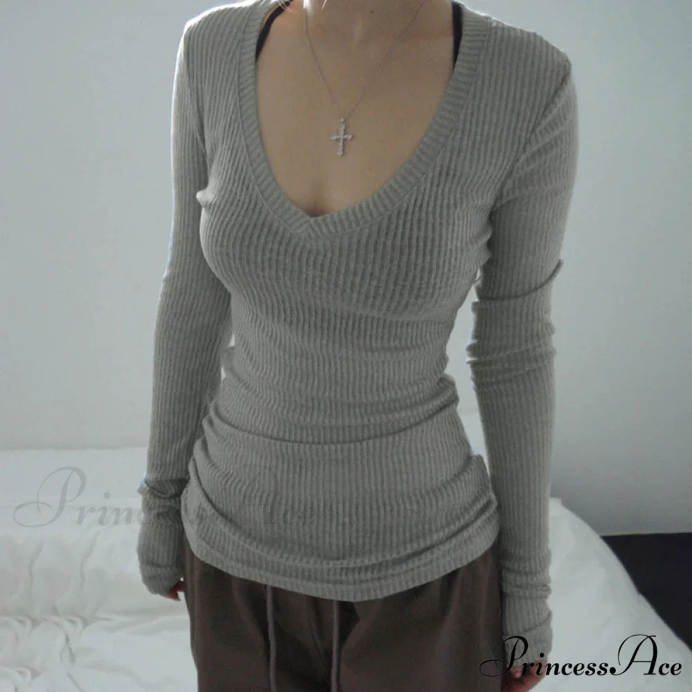 Fitted Cropped Sheer V-neck Blouse Women knittop-250126