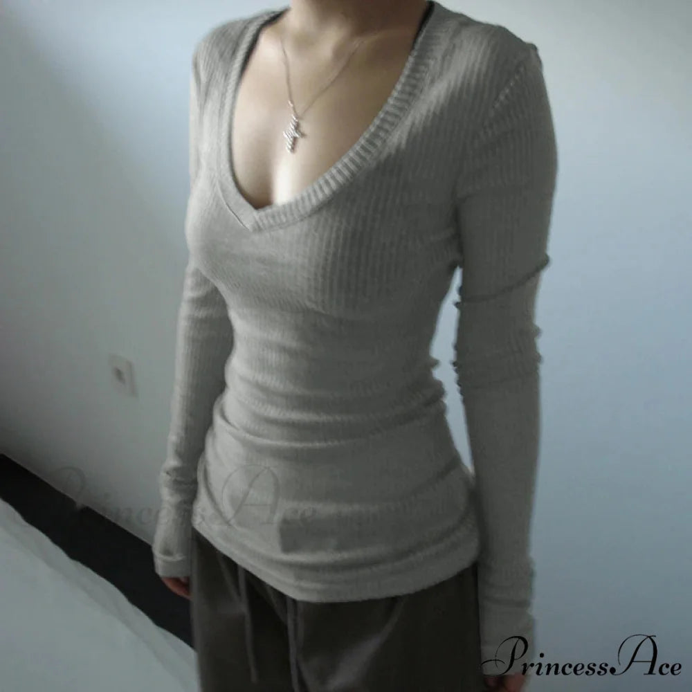 Fitted Cropped Sheer V-neck Blouse Women knittop-250126