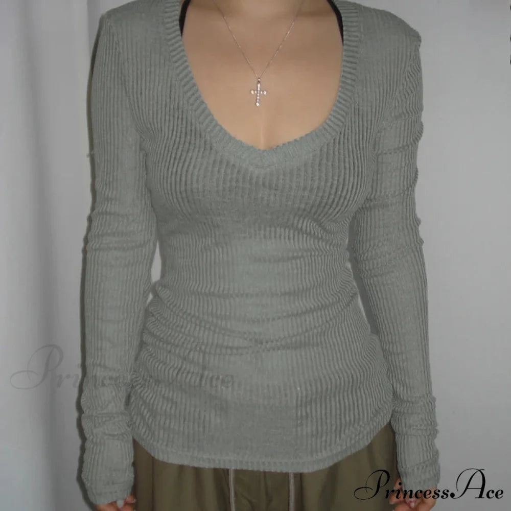 Fitted Cropped Sheer V-neck Blouse Women knittop-250126