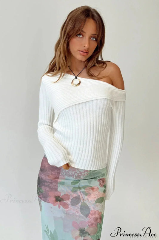 Fitted French Off-Shoulder Collar Rib-Knit Top