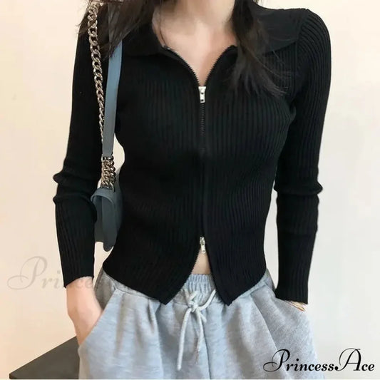 Fitted Polo Collar Dual-Zip Knitted Cardigan cardiagn-250126