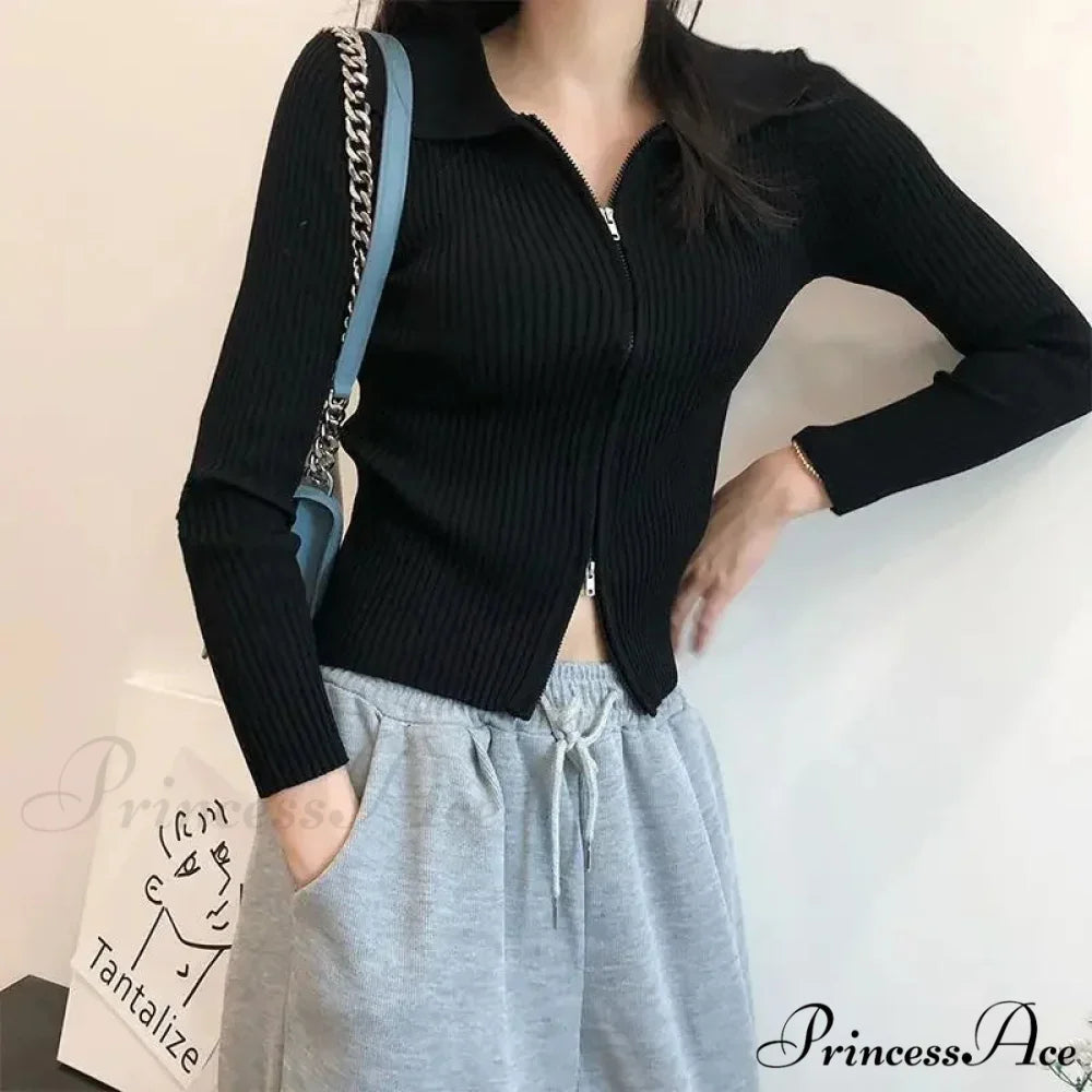 Fitted Polo Collar Dual-Zip Knitted Cardigan cardiagn-250126