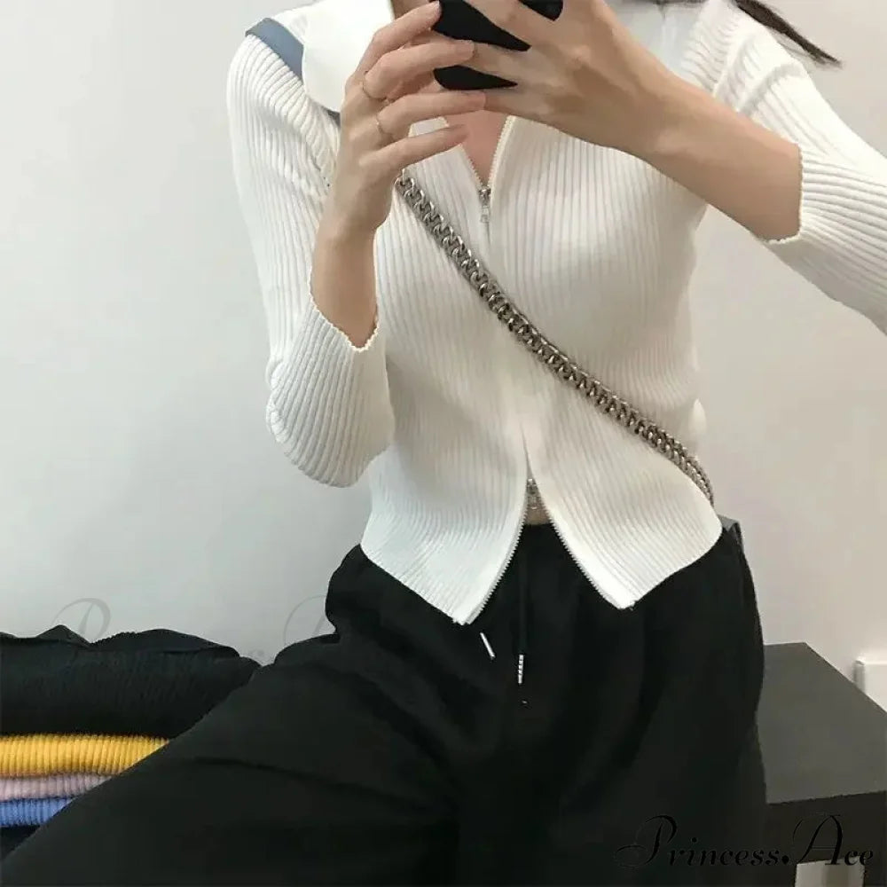 Fitted Polo Collar Dual-Zip Knitted Cardigan White / One Size cardiagn-250126