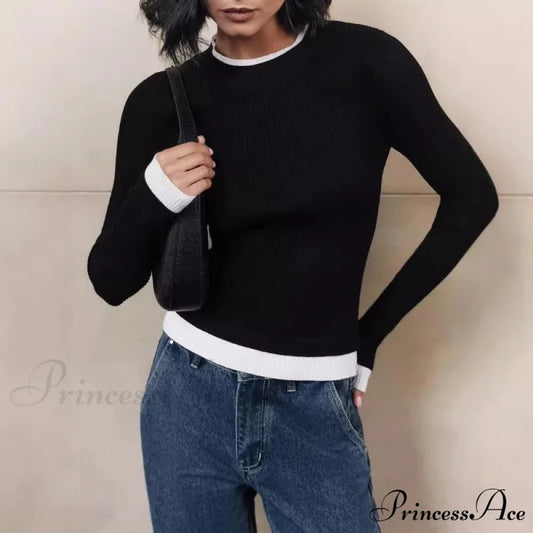 Fitted Sleek Extended Sleeve Round-neck Sweater Black / S swraters-241228