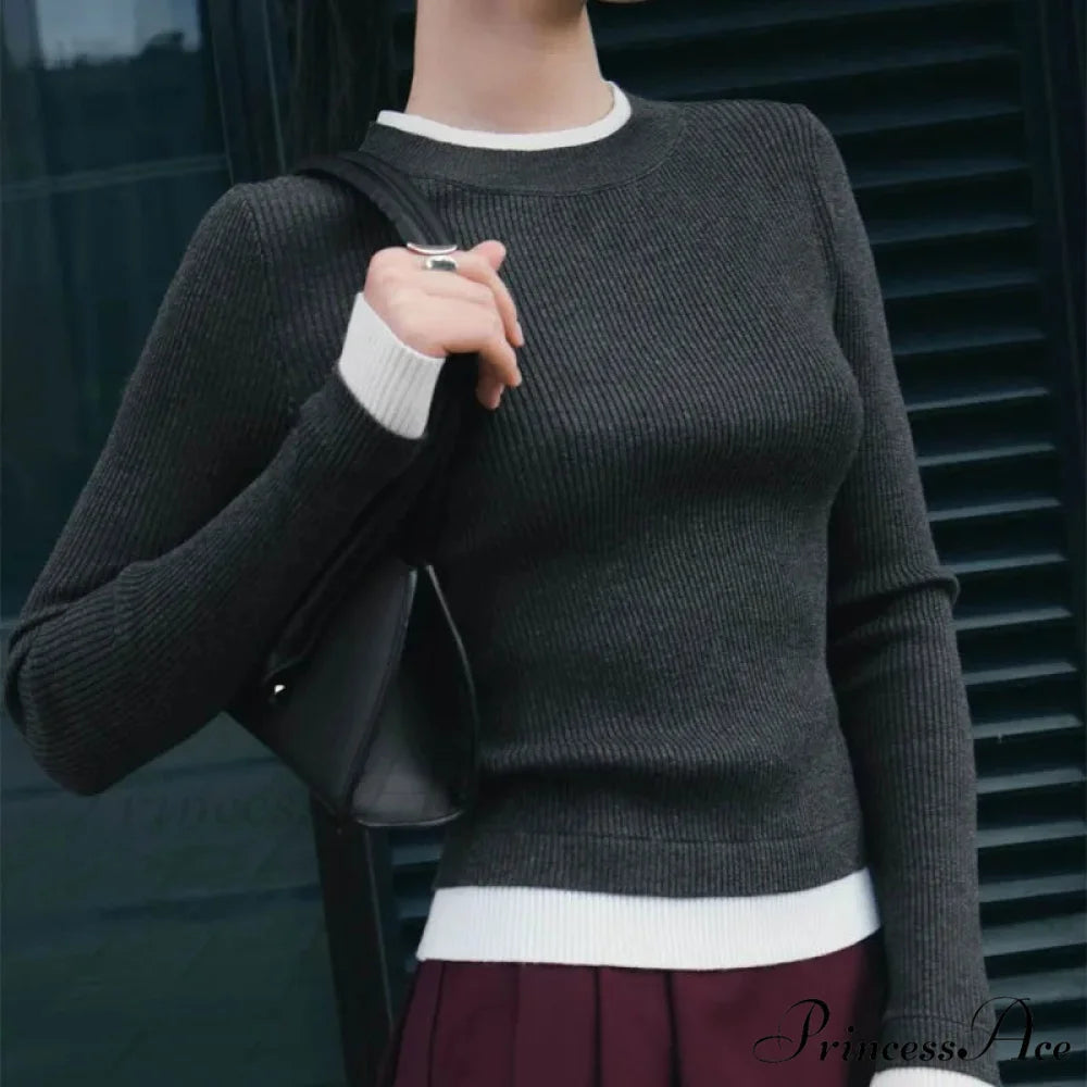 Fitted Sleek Extended Sleeve Round-neck Sweater GRAY / S swraters-241228