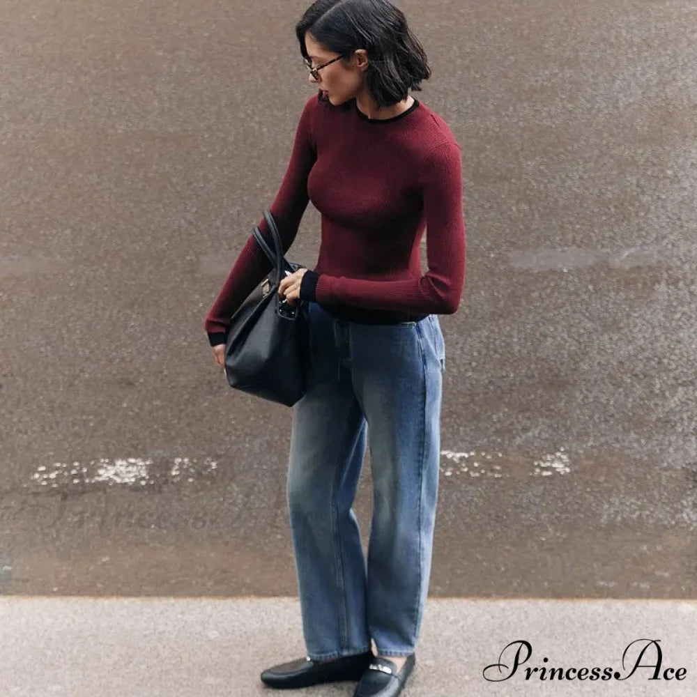 Fitted Sleek Extended Sleeve Round-neck Sweater swraters-241228