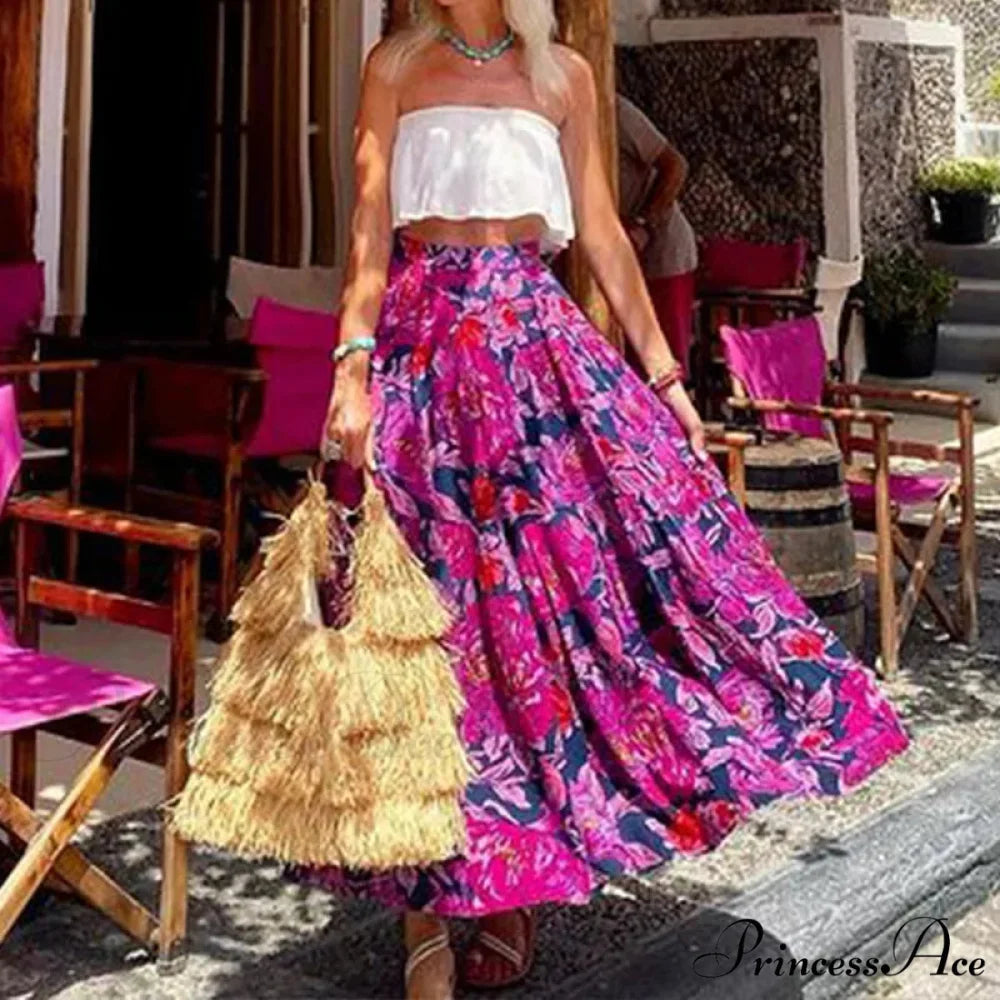 Flamboyant Pattern Blossom Summery High Rise Seaside Flowy Skirt Rose Red / S skirt-250126