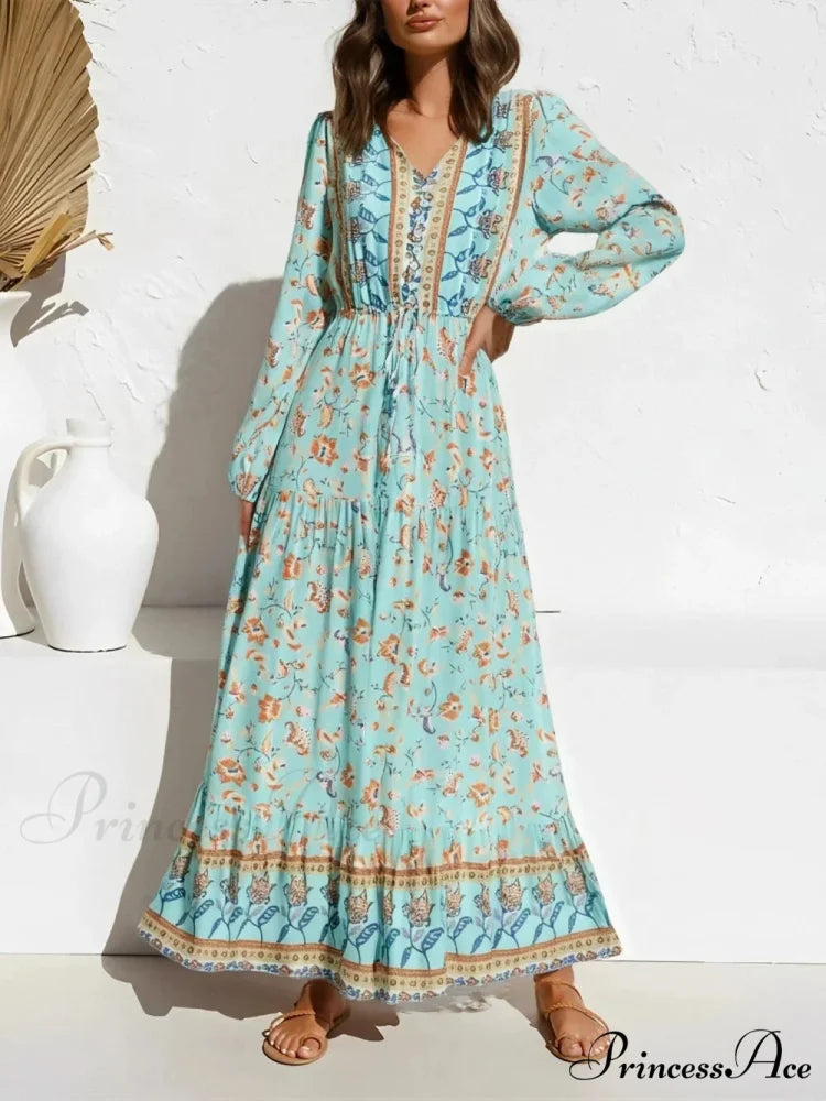 Flame Sleeve Violet Floral Plunging Neckline Long Bohemian Dress GREEN / S bohodress-250126