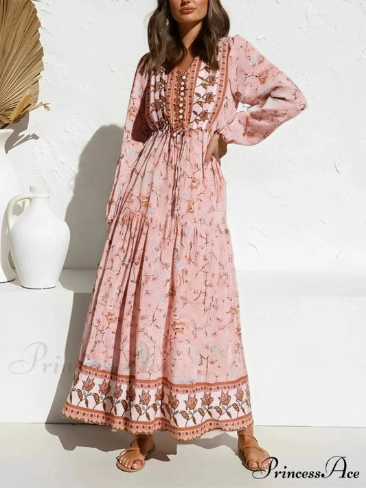 Flame Sleeve Violet Floral Plunging Neckline Long Bohemian Dress Pink / S bohodress-250126