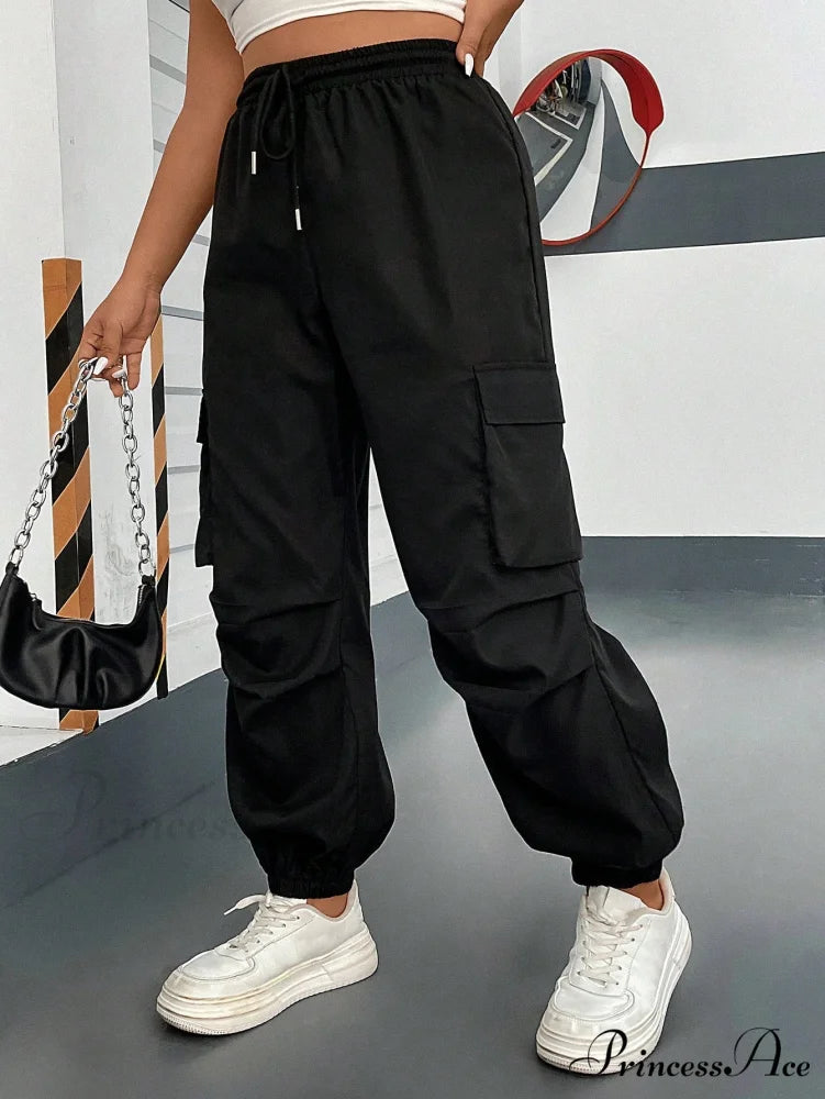 Flap Pocket Side Drawstring Waist Cargo Pants