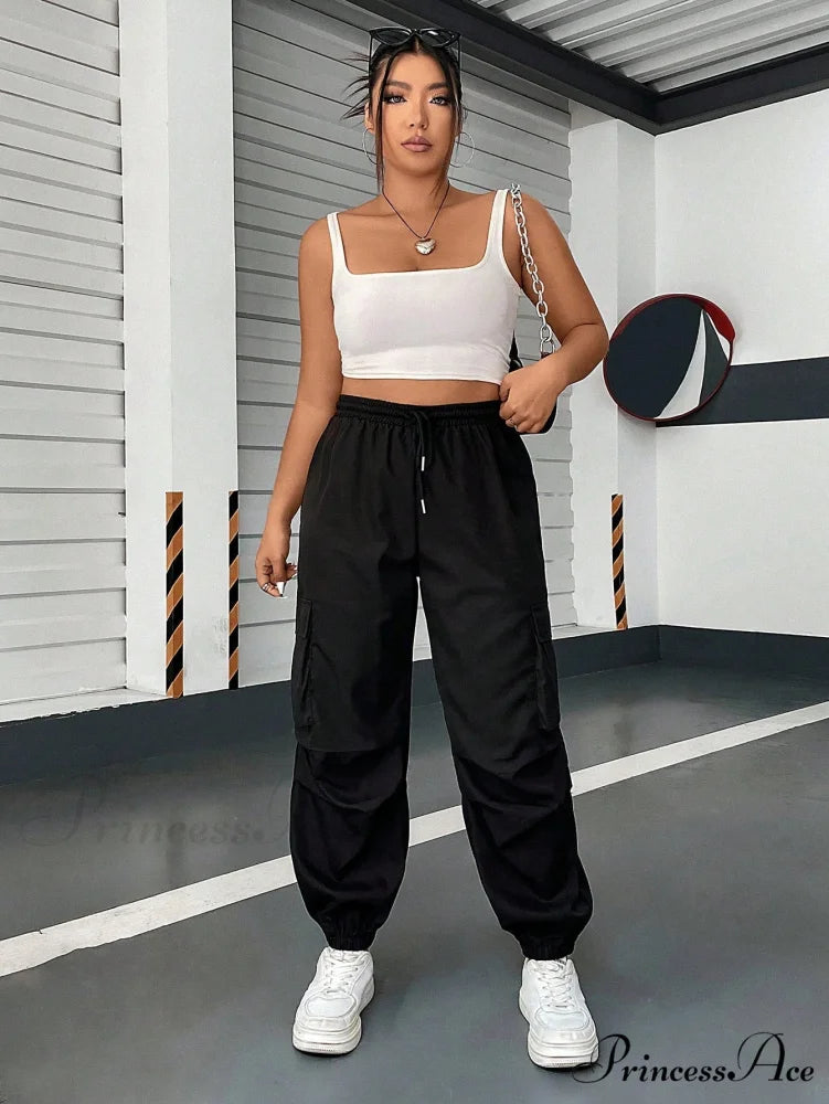 Flap Pocket Side Drawstring Waist Cargo Pants