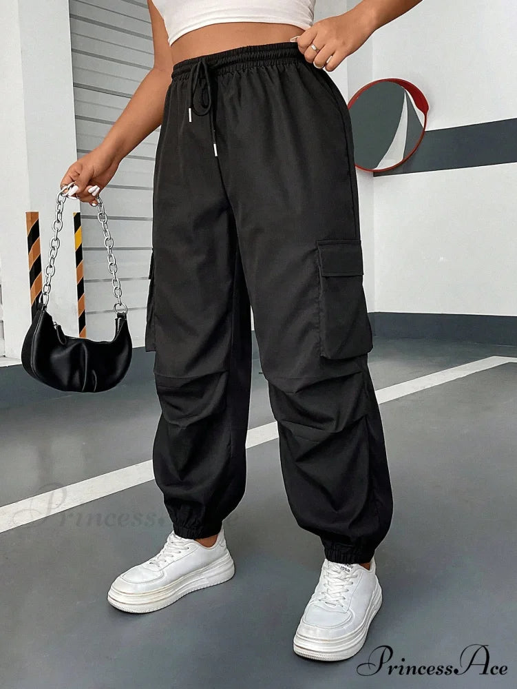 Flap Pocket Side Drawstring Waist Cargo Pants