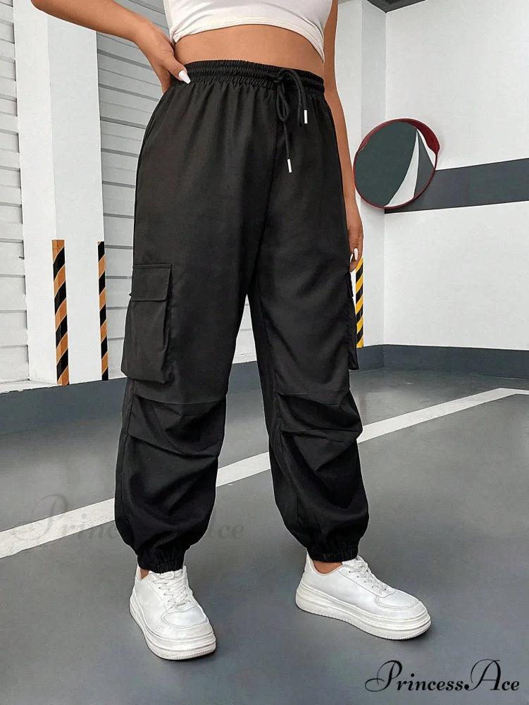 Flap Pocket Side Drawstring Waist Cargo Pants