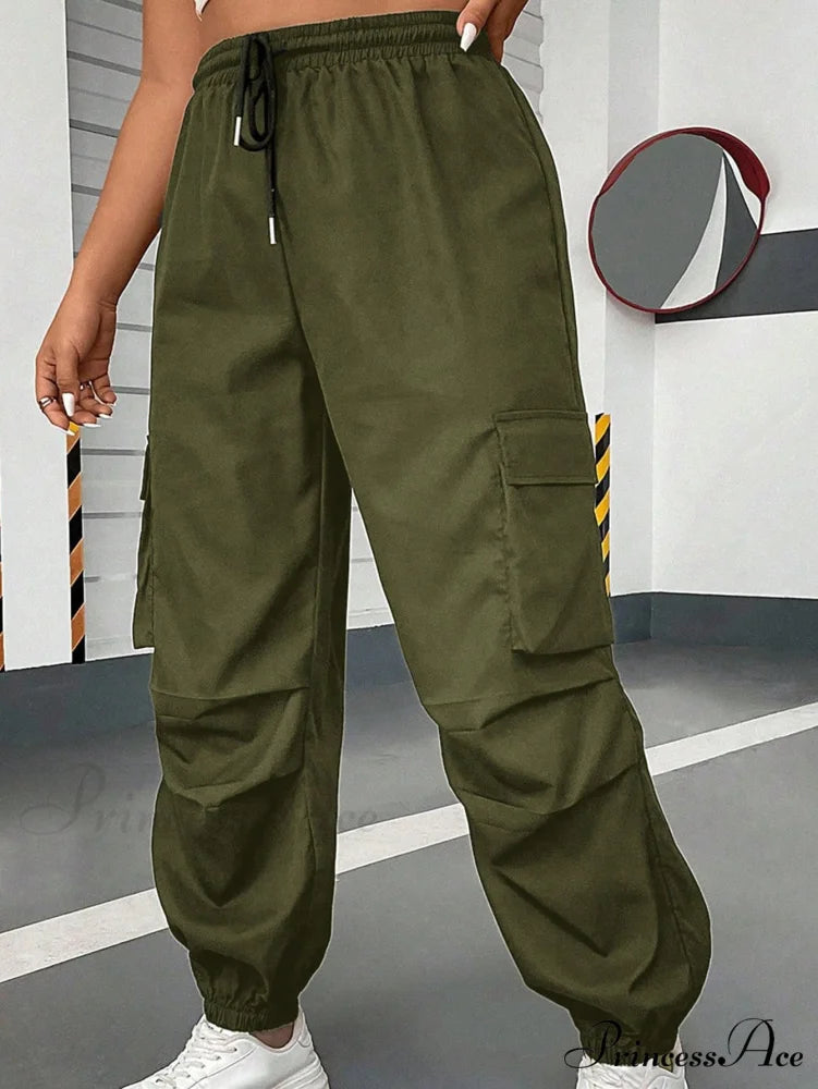 Flap Pocket Side Drawstring Waist Cargo Pants Army Green / 0XL