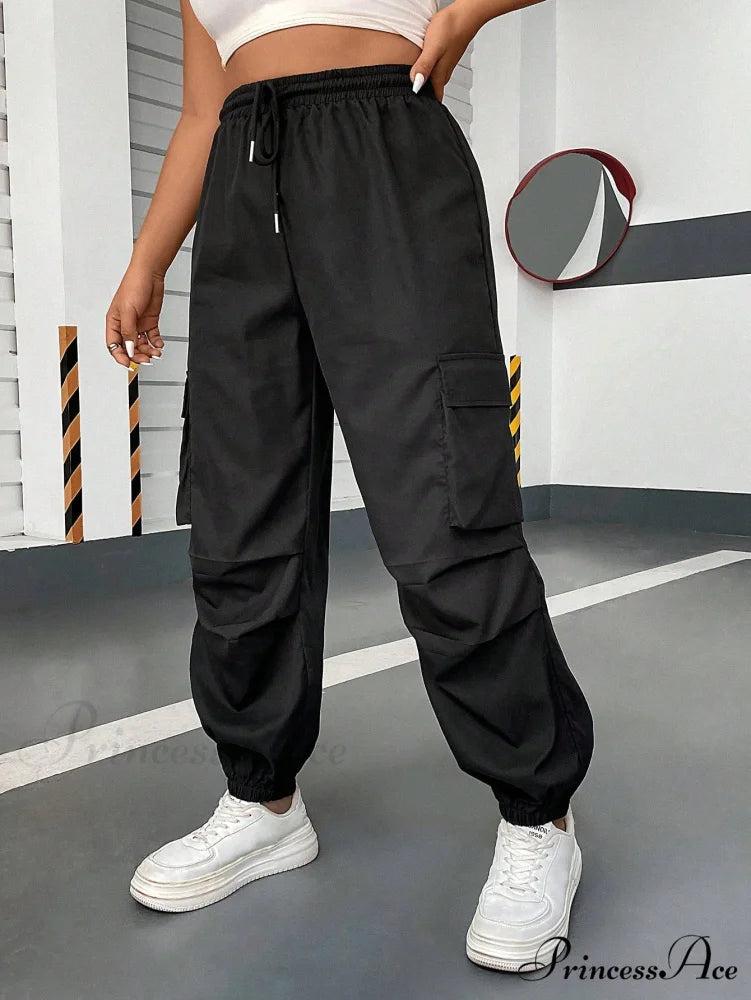Flap Pocket Side Drawstring Waist Cargo Pants Black / 0XL