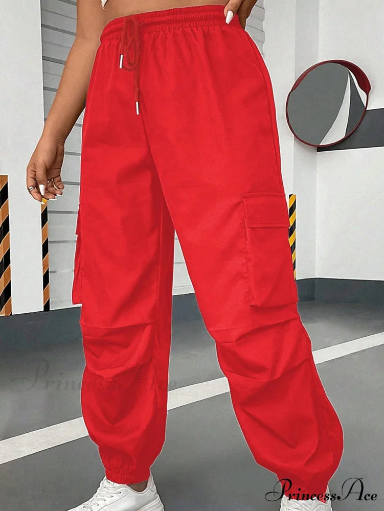Flap Pocket Side Drawstring Waist Cargo Pants Red / 0XL