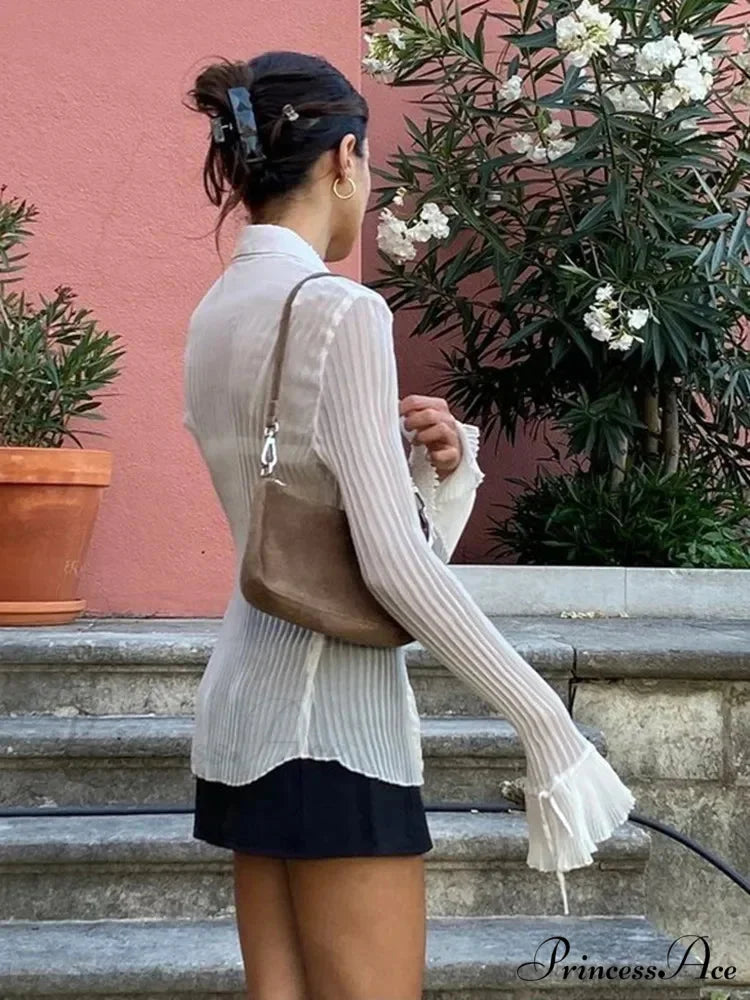 Flare Extended Sleeve Collar Button Gathered Top blouse-250126