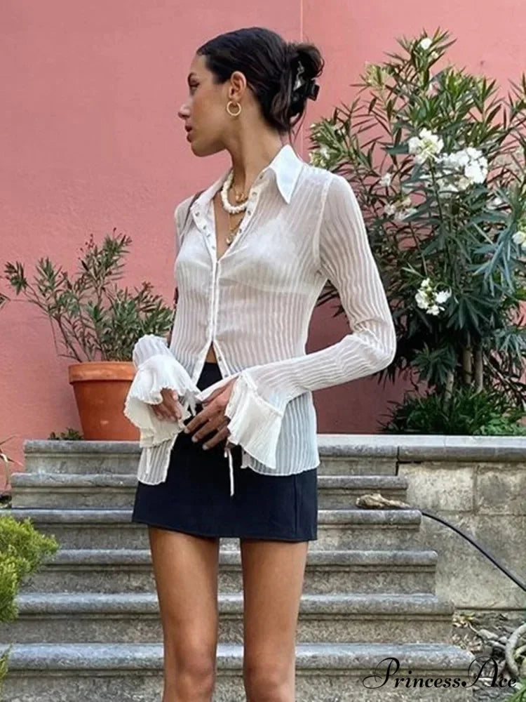 Flare Extended Sleeve Collar Button Gathered Top blouse-250126