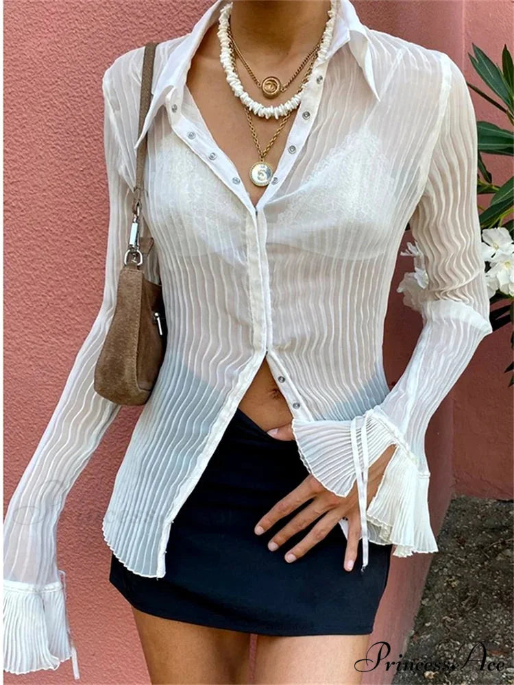 Flare Extended Sleeve Collar Button Gathered Top WHITE / S blouse-250126