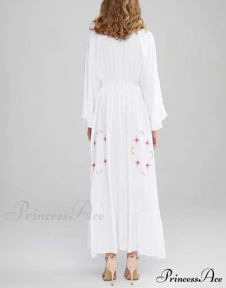 Flare Extended Sleeve Low-cut Cotton Dress bohodress-250126