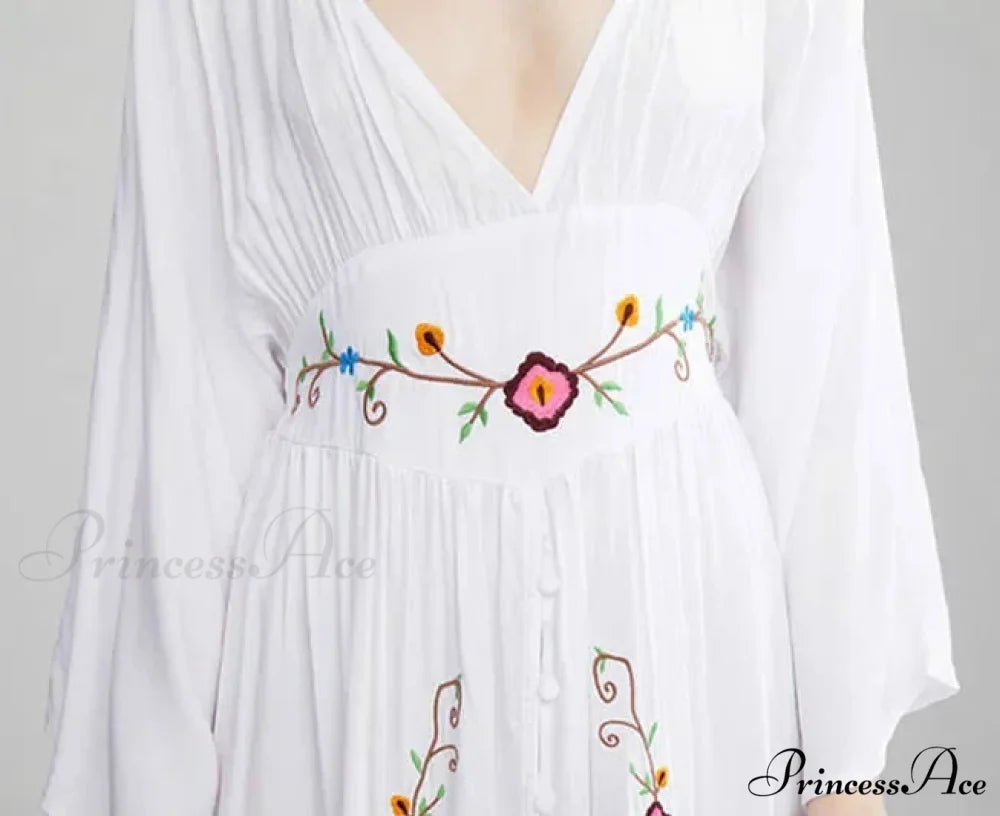 Flare Extended Sleeve Low-cut Cotton Dress bohodress-250126