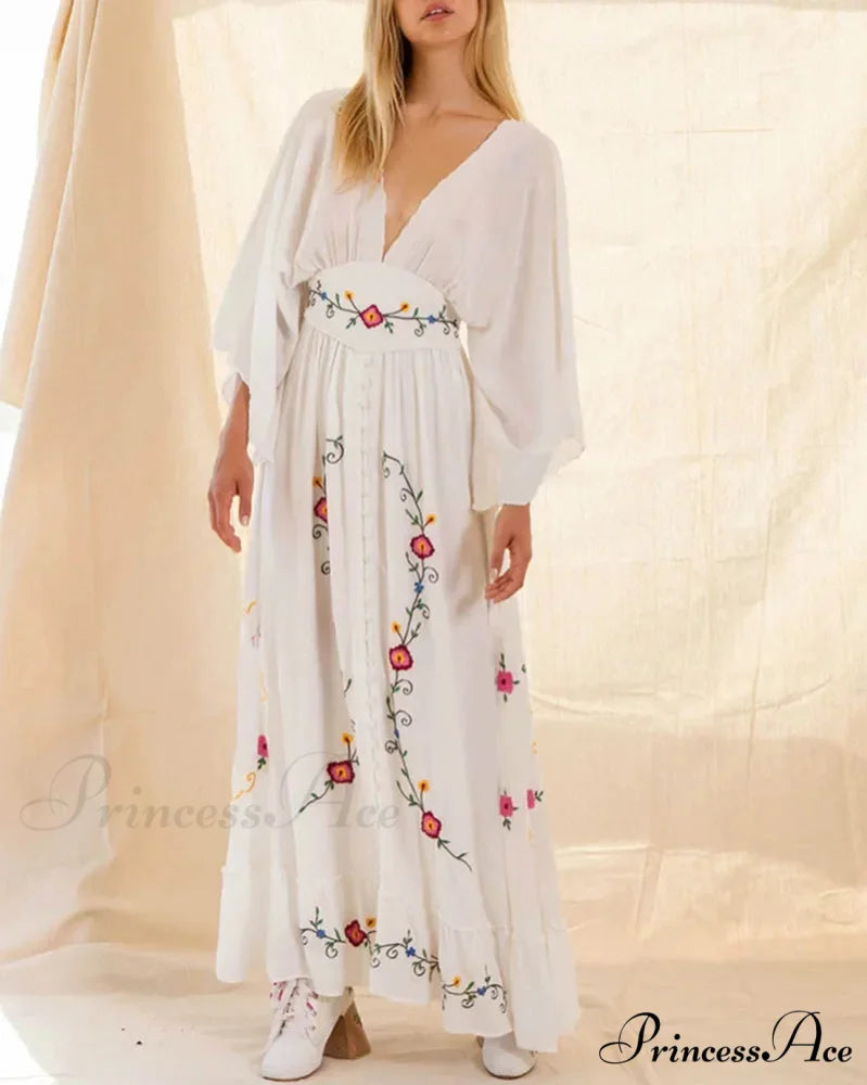 Flare Extended Sleeve Low-cut Cotton Dress bohodress-250126