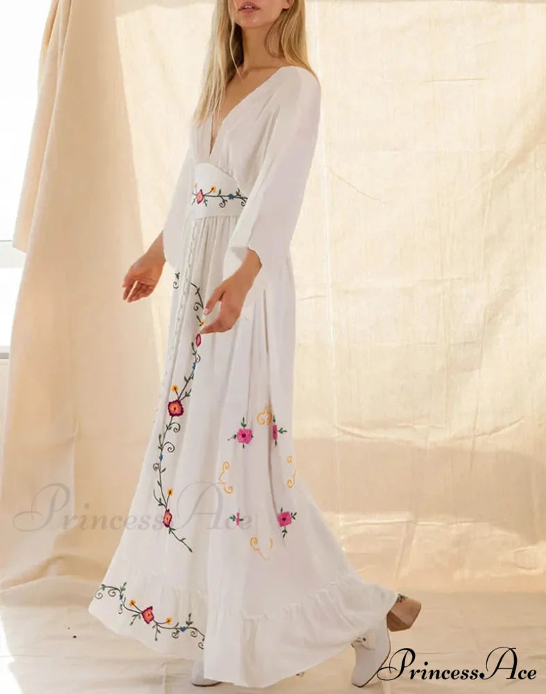 Flare Extended Sleeve Low-cut Cotton Dress bohodress-250126