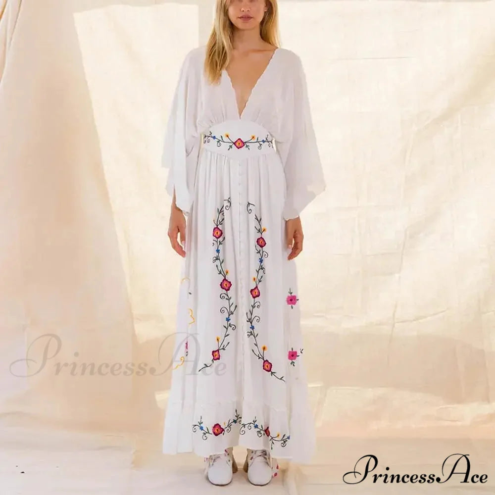 Flare Extended Sleeve Low-cut Cotton Dress bohodress-250126