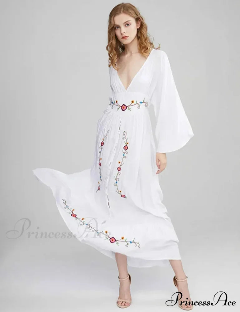 Flare Extended Sleeve Low-cut Cotton Dress bohodress-250126