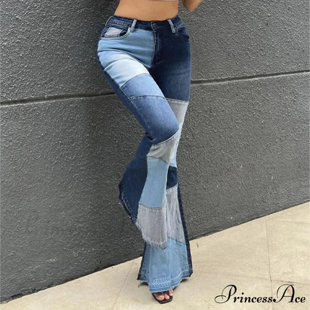 Flare for Women Patchwork Casual Fashion Slim High Waist Vintage Streetwear Stretch Women Jean