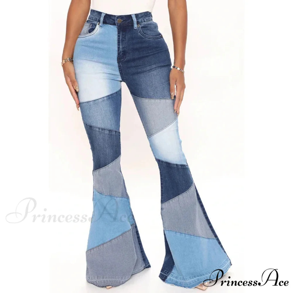 Flare for Women Patchwork Casual Fashion Slim High Waist Vintage Streetwear Stretch Women Jean Blue / S