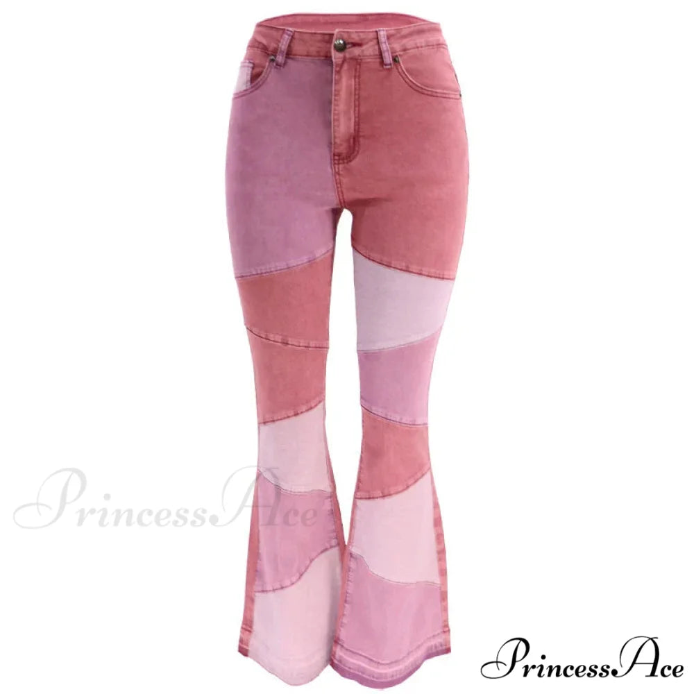 Flare for Women Patchwork Casual Fashion Slim High Waist Vintage Streetwear Stretch Women Jean Red / S