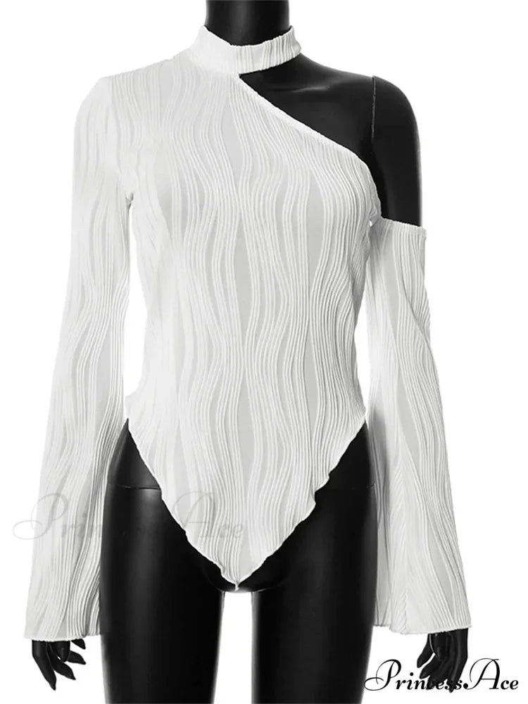 Flare Long Sleeve Ruched High Neck Off Shoulder Irregular Hem T-shirts