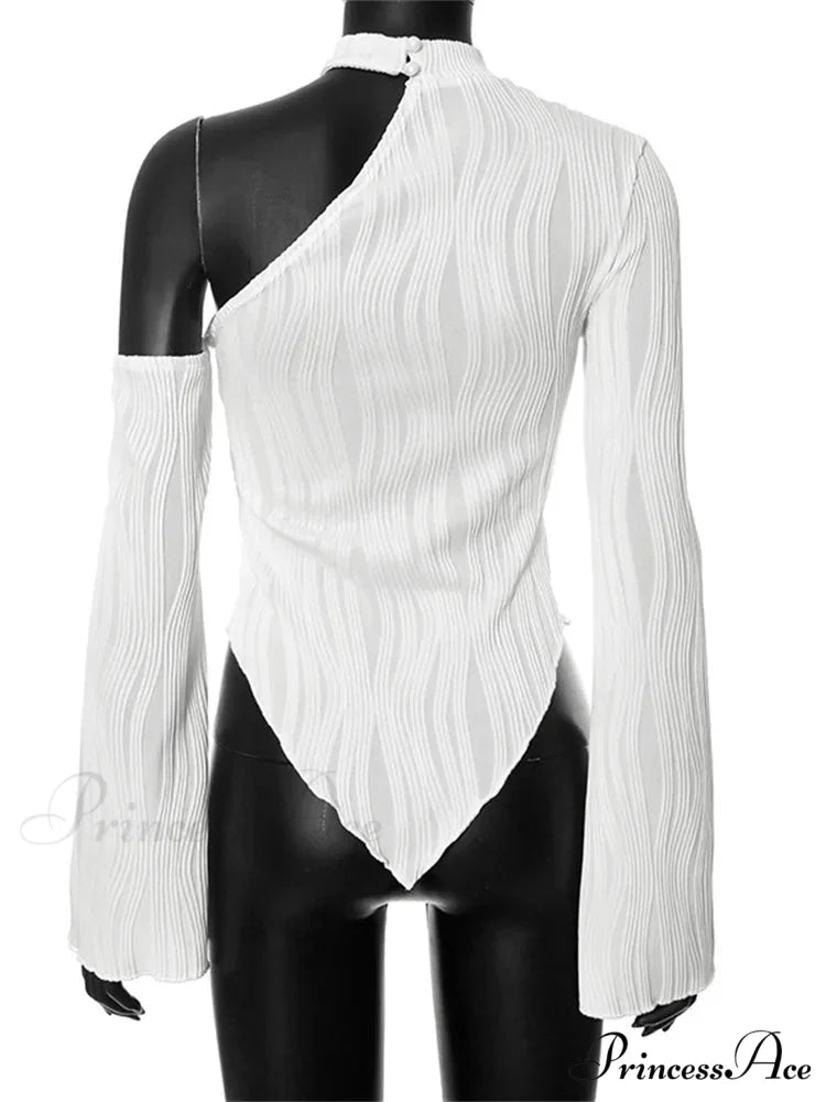 Flare Long Sleeve Ruched High Neck Off Shoulder Irregular Hem T-shirts