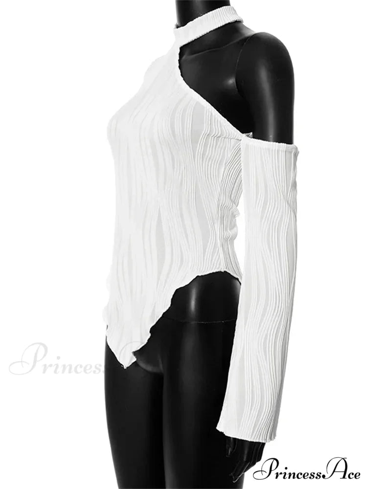 Flare Long Sleeve Ruched High Neck Off Shoulder Irregular Hem T-shirts