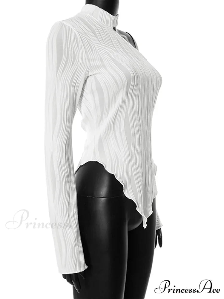 Flare Long Sleeve Ruched High Neck Off Shoulder Irregular Hem T-shirts