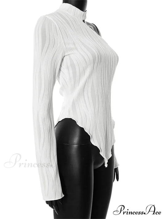 Flare Long Sleeve Ruched High Neck Off Shoulder Irregular Hem T-shirts