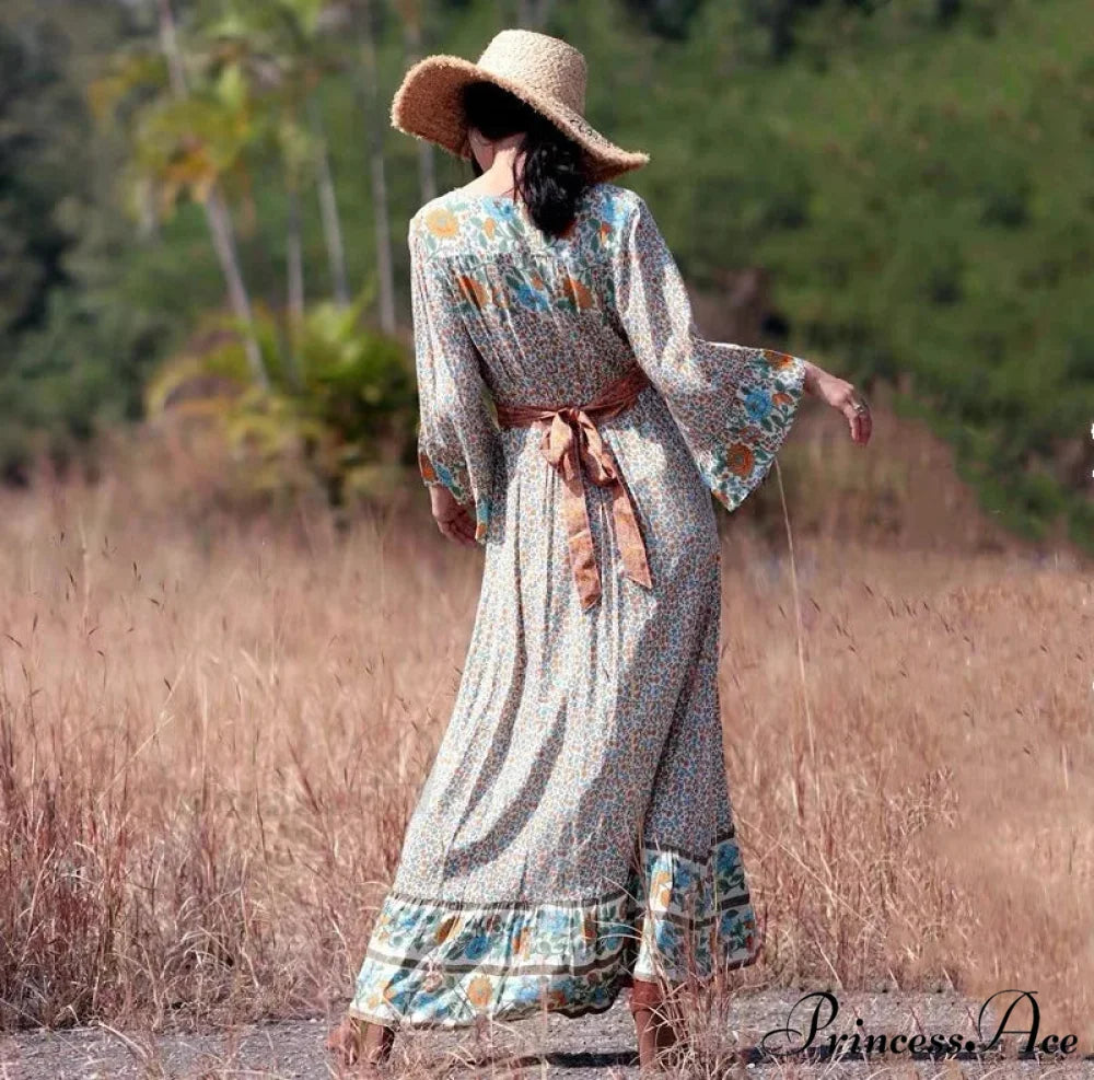 Flare Sleeve Button Down Printing Stylish Bohemian Dress bohodress-250126