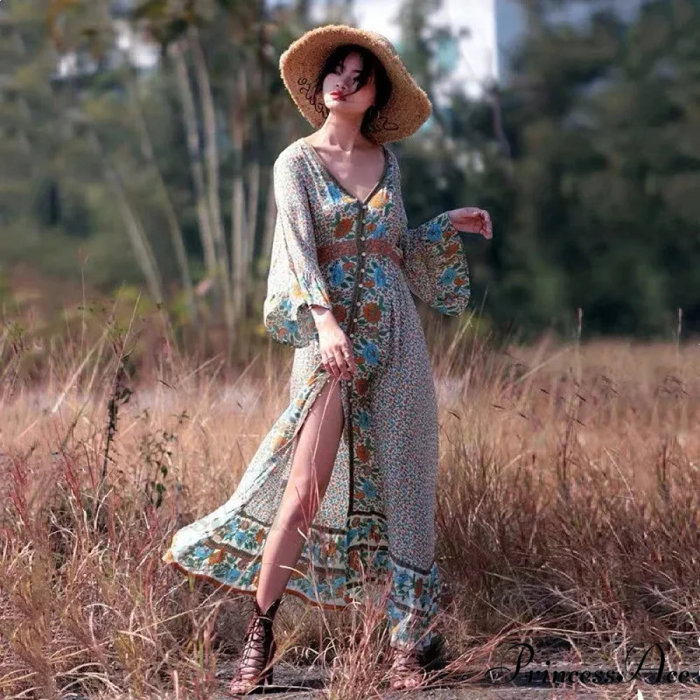 Flare Sleeve Button Down Printing Stylish Bohemian Dress bohodress-250126