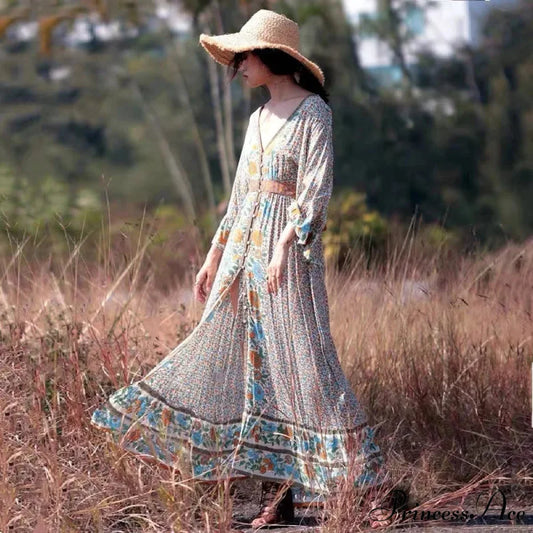 Flare Sleeve Button Down Printing Stylish Bohemian Dress bohodress-250126