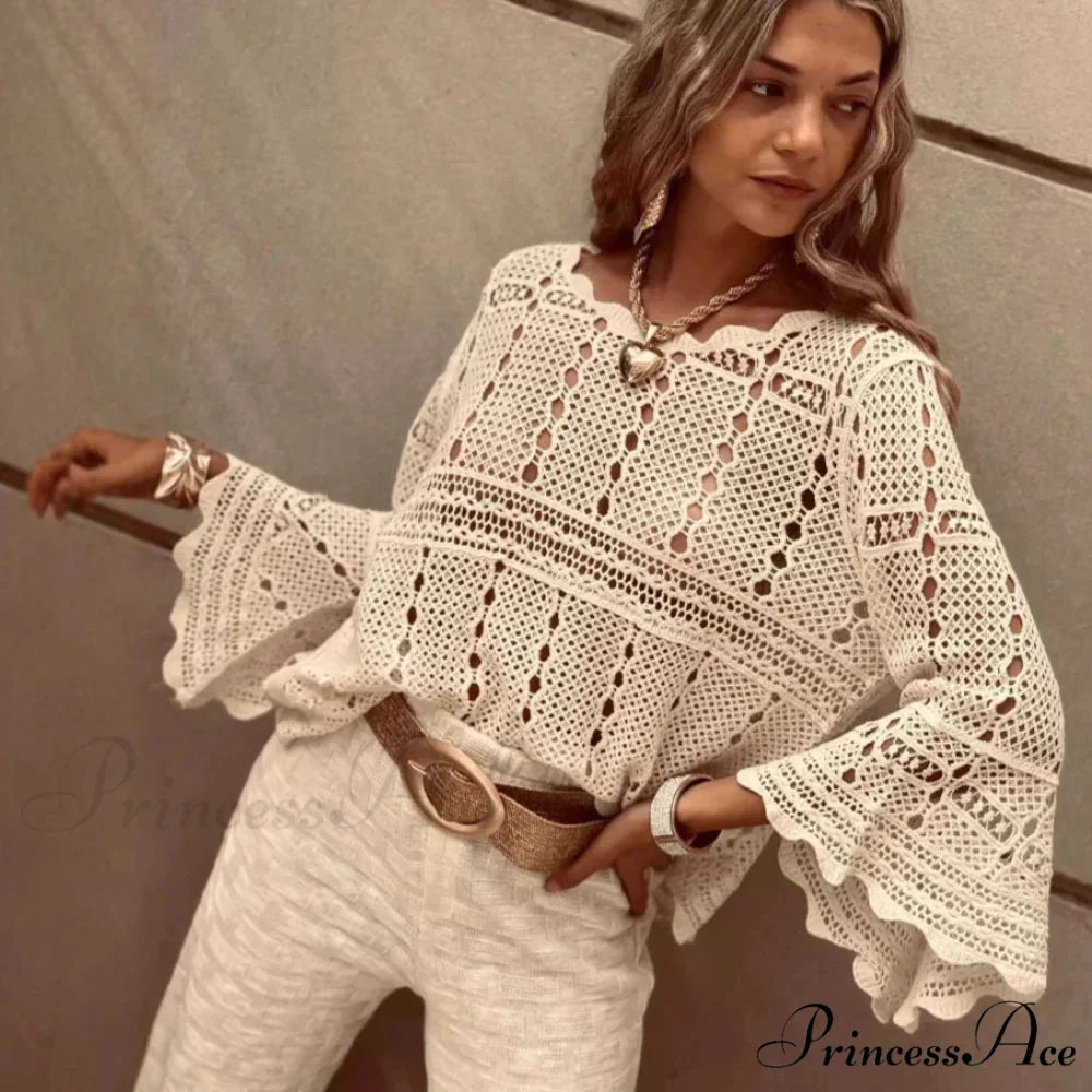 Flare Sleeve Crocheted Knitted Roomy Cotton Boho Blouse APRICOT / One Size bohoblouse-250126