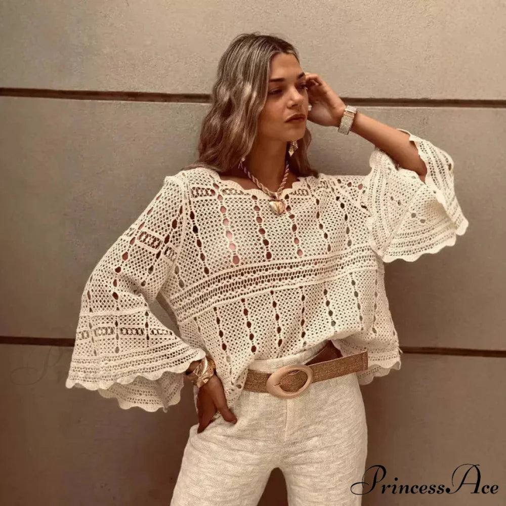 Flare Sleeve Crocheted Knitted Roomy Cotton Boho Blouse APRICOT / One Size bohoblouse-250126