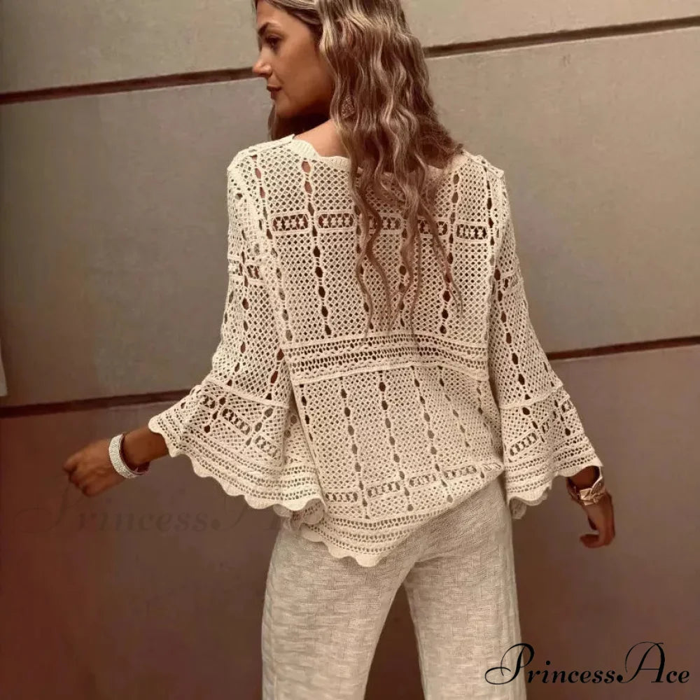 Flare Sleeve Crocheted Knitted Roomy Cotton Boho Blouse APRICOT / One Size bohoblouse-250126