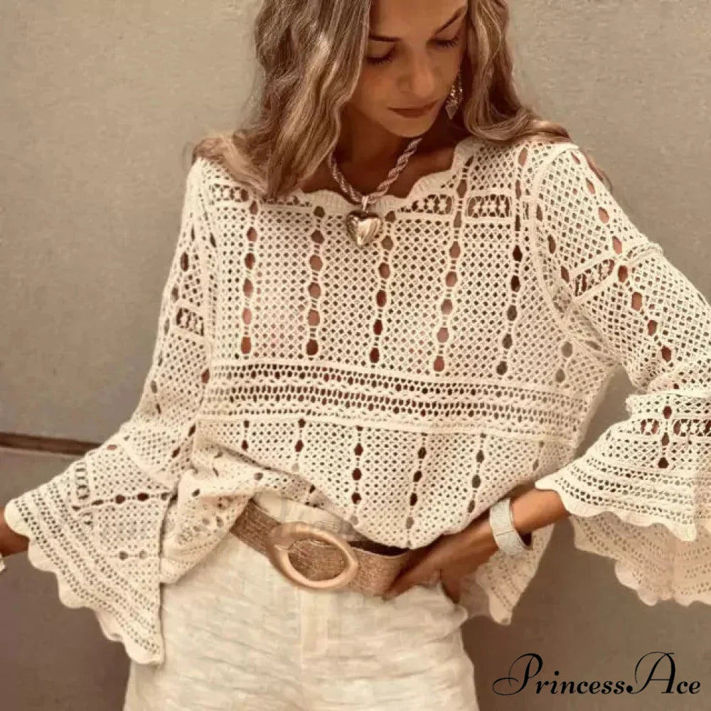 Flare Sleeve Crocheted Knitted Roomy Cotton Boho Blouse APRICOT / One Size bohoblouse-250126