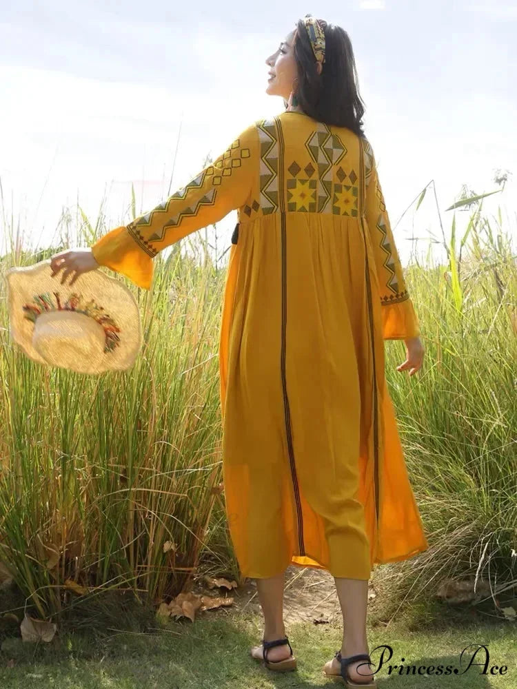 Flare Sleeve Fringe Retro Style Floral Boho Dress bohodress-250126